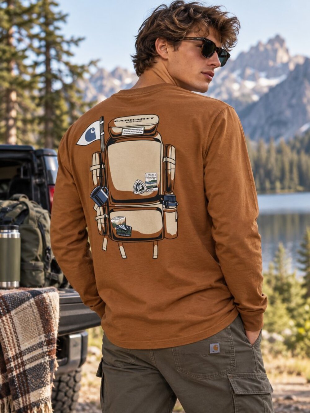Carhartt "Vintage Hiker" Graphic LS Tee Brown Youth XL (18/20Y) Fits Adult S